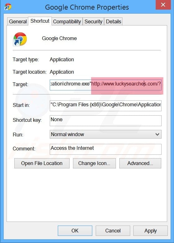 Removing luckysearches.com from Google Chrome shortcut target step 2