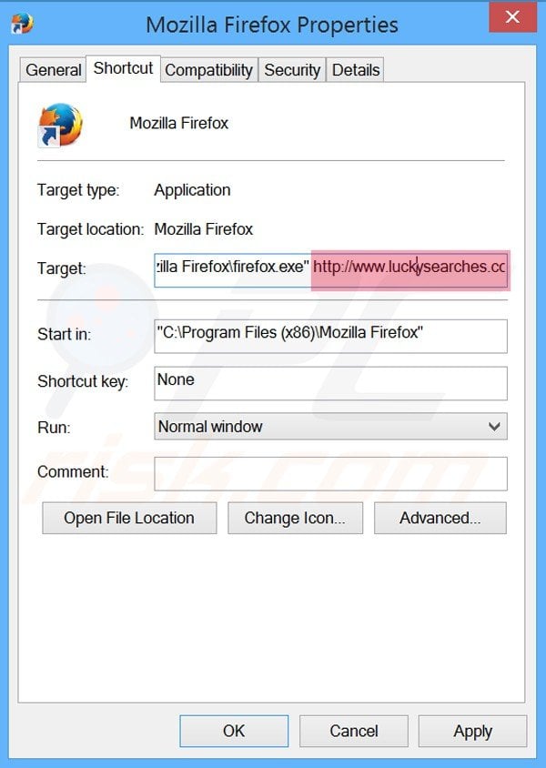 Removing luckysearches.com from Mozilla Firefox shortcut target step 2