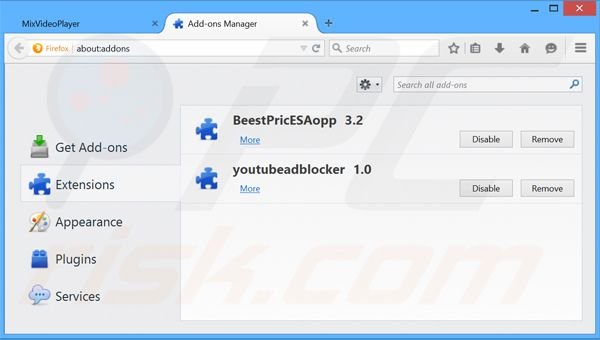 Removing MixVideoPlayer ads from Mozilla Firefox step 2