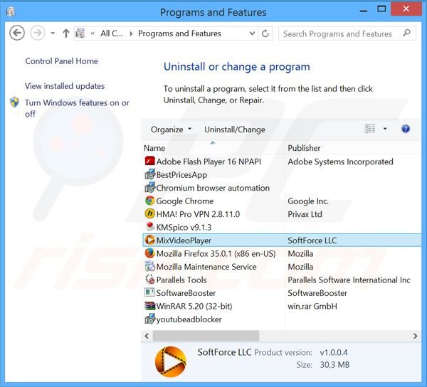 MixVideoPlayer adware uninstall via Control Panel