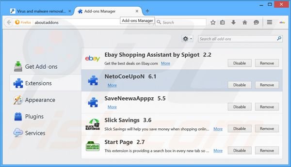 Removing NetoCoupon ads from Mozilla Firefox step 2