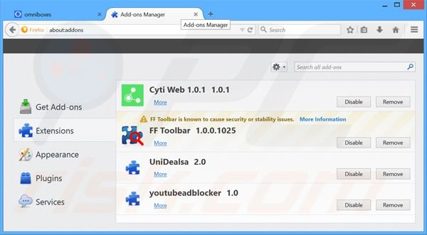 Removing omniboxes.com related Mozilla Firefox extensions