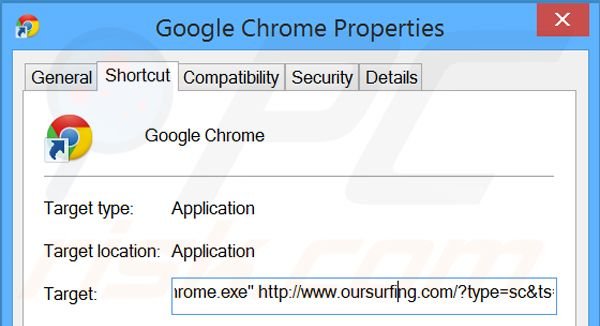 Removing oursurfing.com from Google Chrome shortcut target step 2