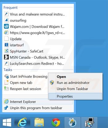 Removing oursurfing.com from Internet Explorer shortcut target step 1