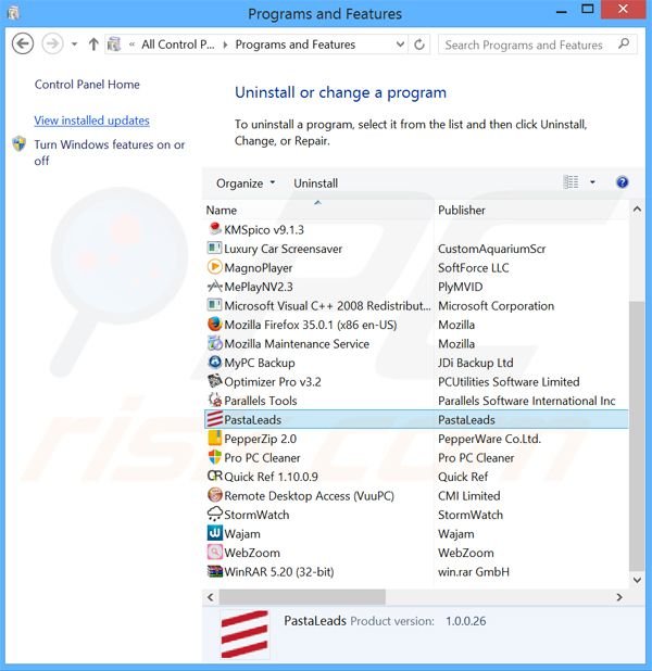 PastaLeads adware uninstall via Control Panel