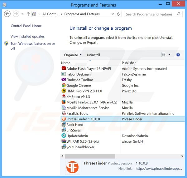 Phrase Finder adware uninstall via Control Panel