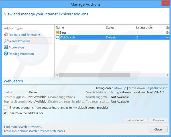 Removing websearch.swellsearch.info from Internet Explorer default search engine