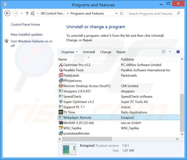 Webplayer adware uninstall via Control Panel