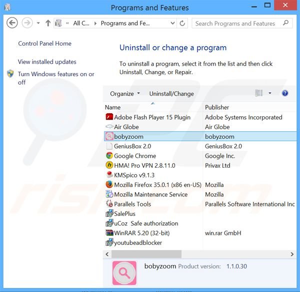 Boby Zoom adware uninstall via Control Panel