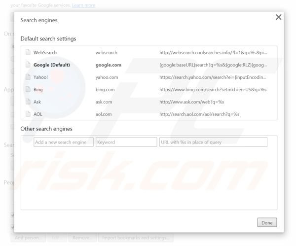 Removing websearch.coolsearches.info from Google Chrome default search engine