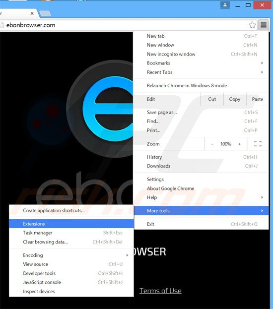 Removing ebon browser related plugins from Google Chrome step 1