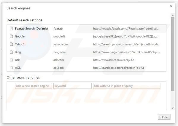 Removing search.foxtab.com from Google Chrome default search engine