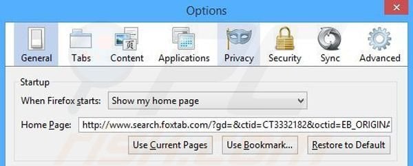 Removing search.foxtab.com from Mozilla Firefox homepage