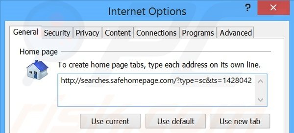Removing searches.safehomepage.com from Internet Explorer homepage