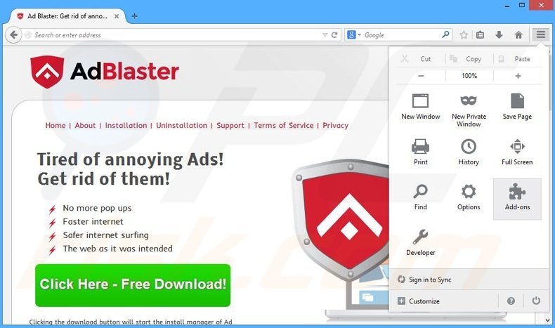 Removing Ad Blaster ads from Mozilla Firefox step 1