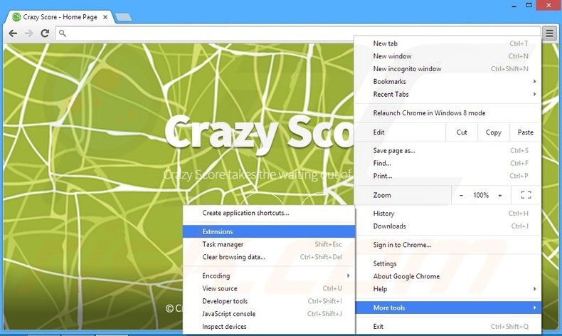 Removing Crazy Score ads from Google Chrome step 1