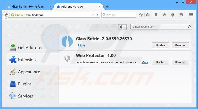 Removing glass bottle ads from Mozilla Firefox step 2