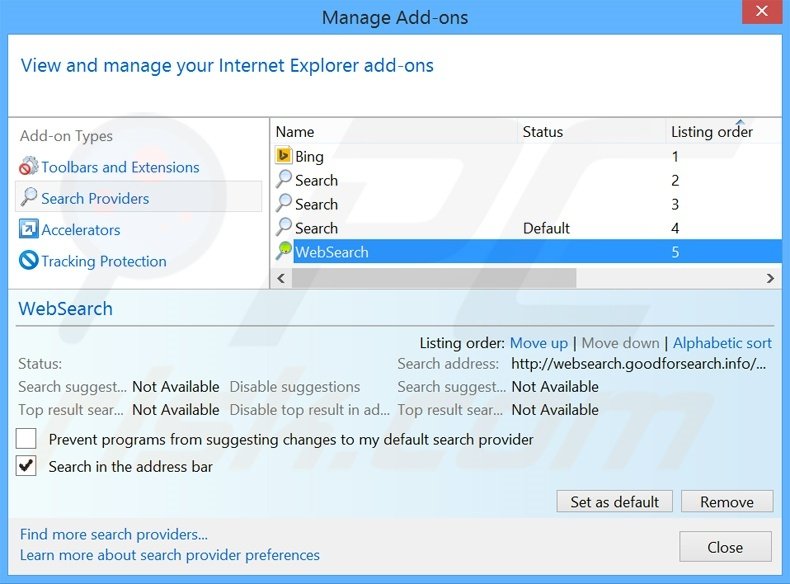 Removing websearch.goodforsearch.info from Internet Explorer default search engine