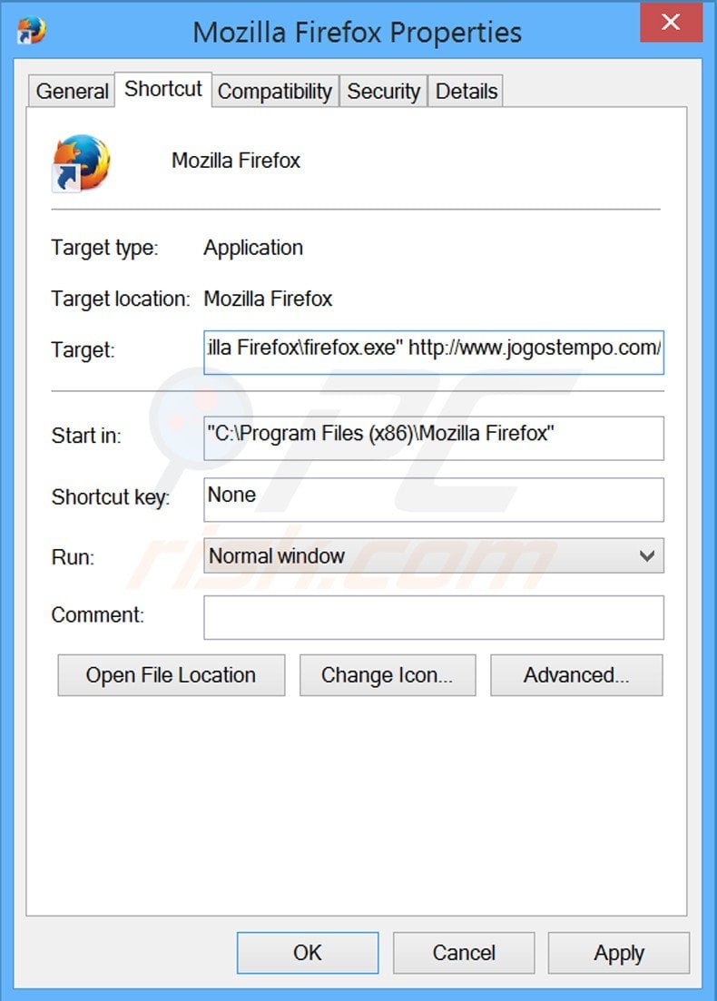 Removing jogostempo.com from Mozilla Firefox shortcut target step 2