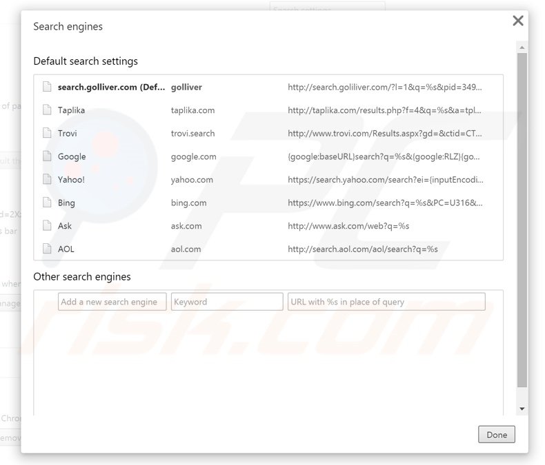 Removing search.golliver.com from Google Chrome default search engine