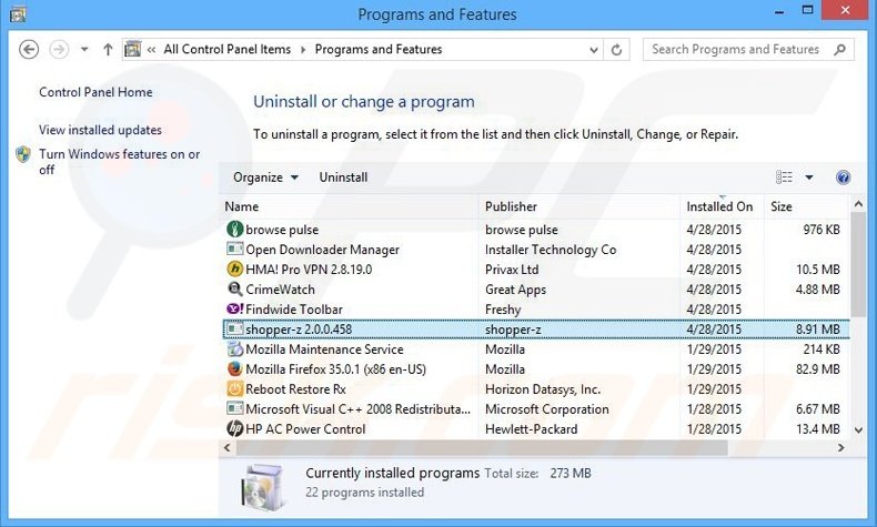 Shopper-z adware uninstall via Control Panel