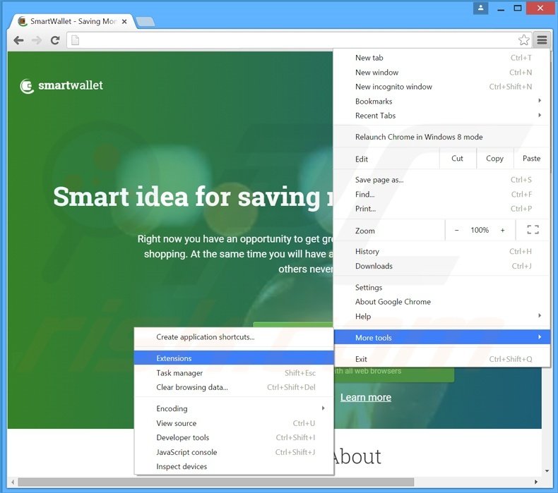 Removing SmartWallet  ads from Google Chrome step 1