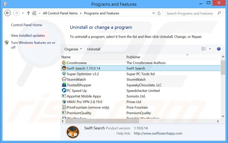 Swift Search adware uninstall via Control Panel