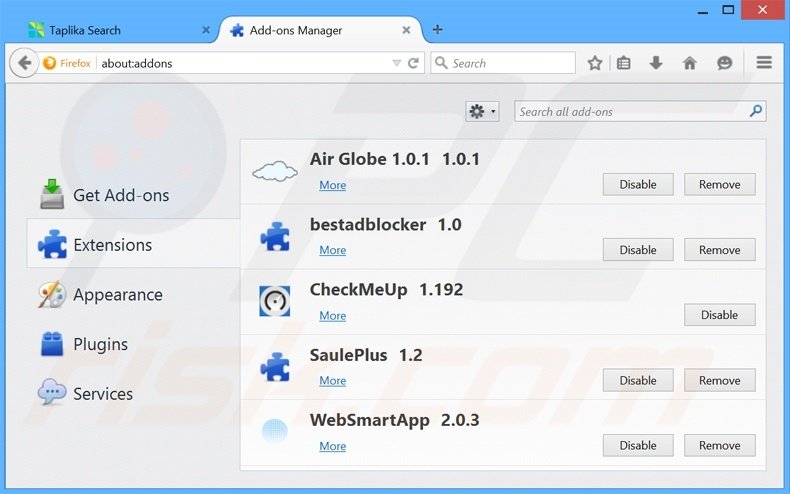 Removing thesmartsearch.net related Mozilla Firefox extensions