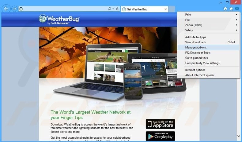 Removing WeatherBug related adware from Internet Explorer step 1