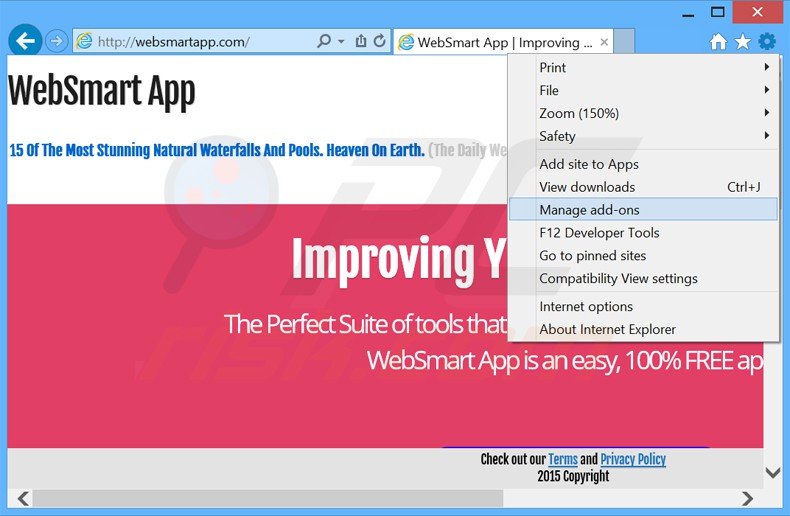 Removing websmart app from Internet Explorer step 1