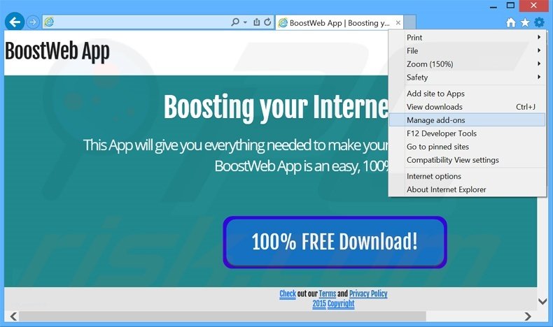 Removing BoostWeb App ads from Internet Explorer step 1