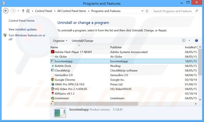 BoostWeb App adware uninstall via Control Panel