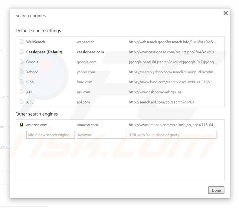 Removing cassiopesa.com from Google Chrome default search engine