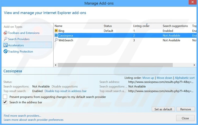 Removing cassiopesa.com from Internet Explorer default search engine
