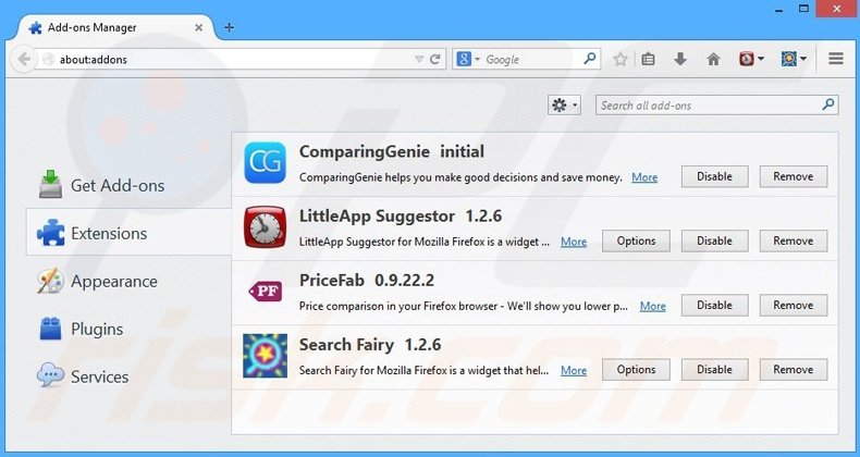 Removing ComparingGenie ads from Mozilla Firefox step 2