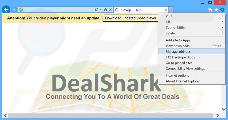 Removing DealShark ads from Internet Explorer step 1