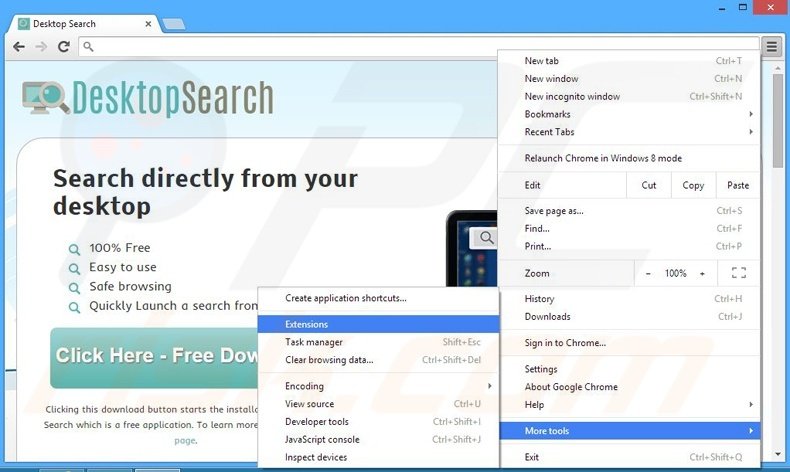 Removing Desktop Search ads from Google Chrome step 1