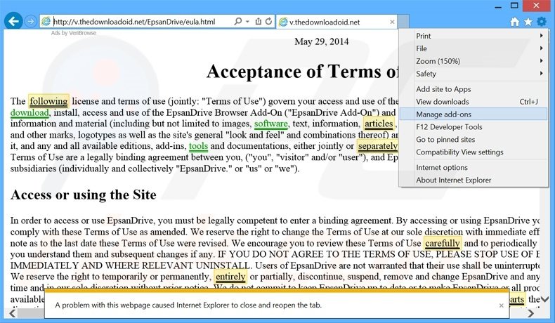 Removing EpsanDrive ads from Internet Explorer step 1