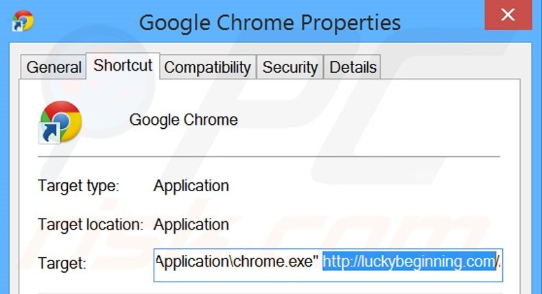 Removing luckybeginning.com from Google Chrome shortcut target step 2