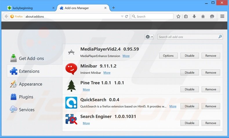 Removing luckybeginning.com related Mozilla Firefox extensions