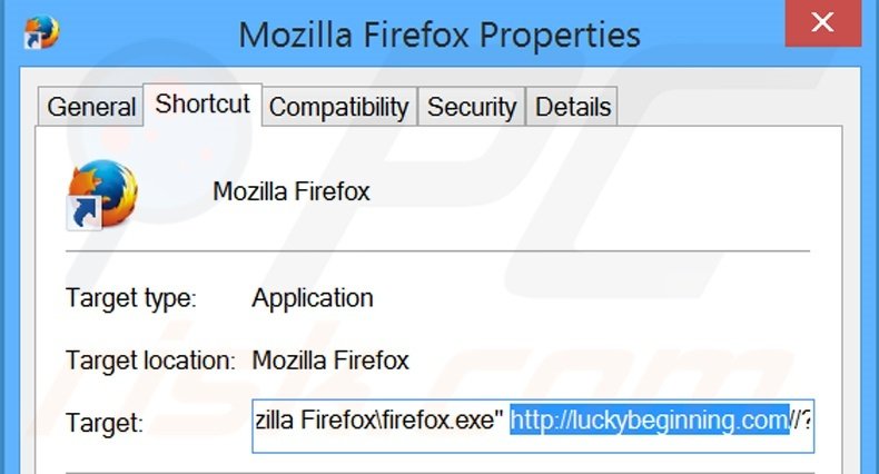 Removing luckybeginning.com from Mozilla Firefox shortcut target step 2