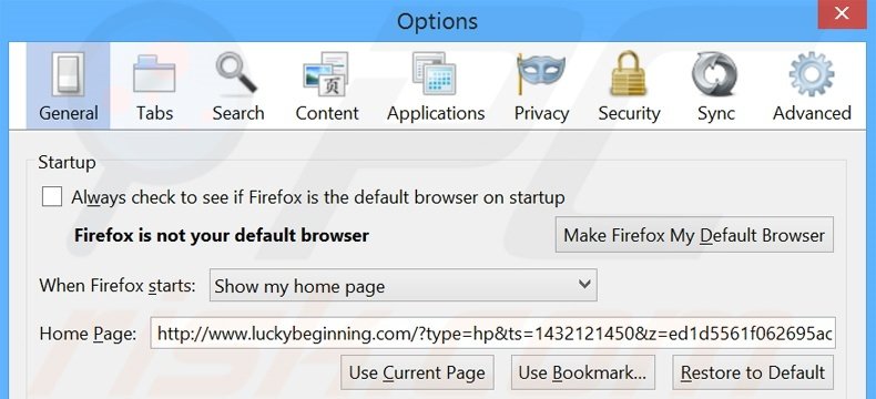 Removing luckybeginning.com from Mozilla Firefox homepage