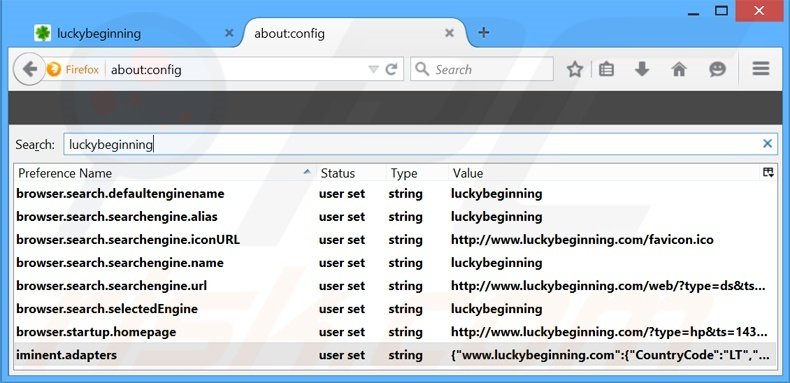 Removing luckybeginning.com from Mozilla Firefox default search engine
