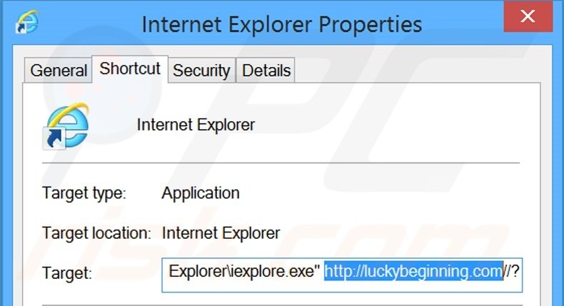 Removing luckybeginning.com from Internet Explorer shortcut target step 2
