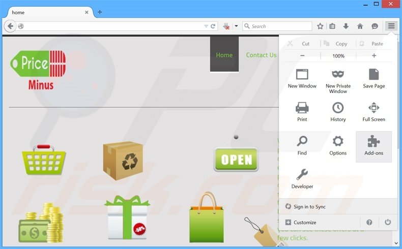 Removing PriceMinus ads from Mozilla Firefox step 1