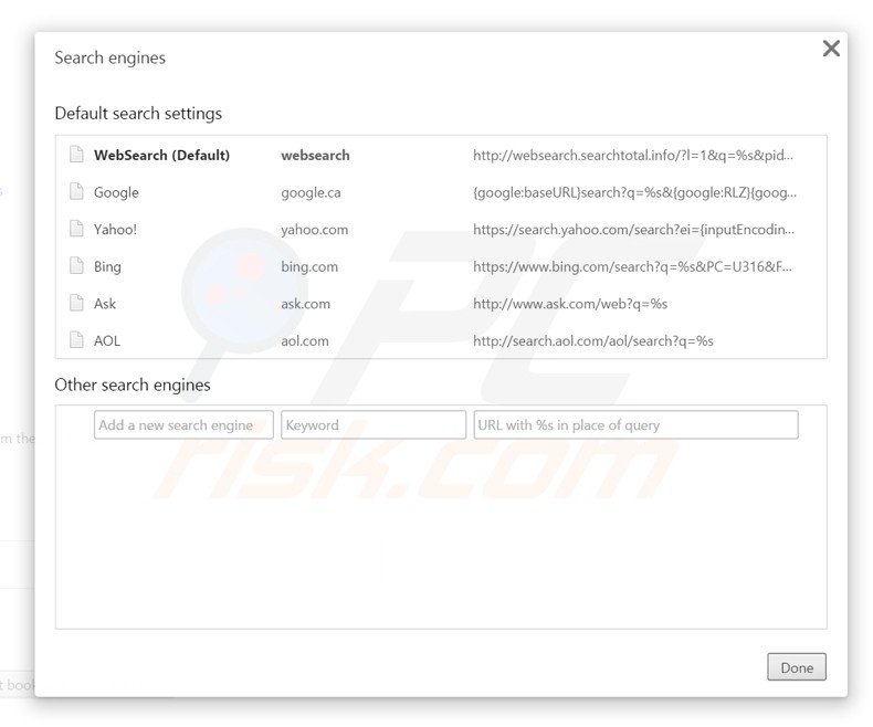 Removing websearch.searchtotal.info from Google Chrome default Internet search engine