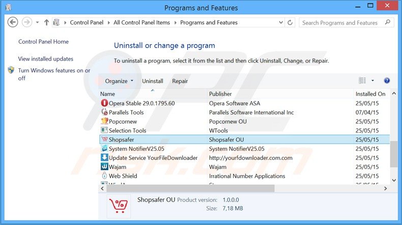 Shopsafer adware uninstall via Control Panel