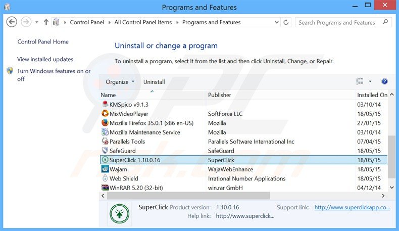 super click adware uninstall via Control Panel