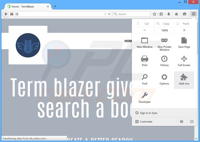 Removing TermBlazer ads from Mozilla Firefox step 1
