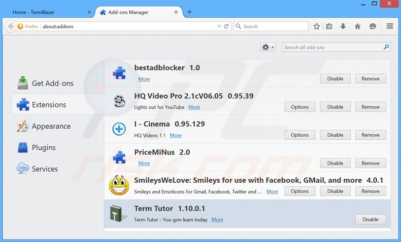 Removing TermBlazer ads from Mozilla Firefox step 2